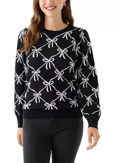 Women's Puff Sleeve Intarsia Knit Tunic Sweater