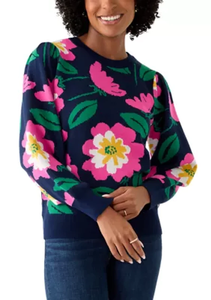 Women's Puff Sleeve Intarsia Knit Tunic Sweater