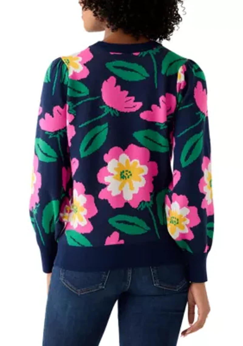 Women's Puff Sleeve Intarsia Knit Tunic Sweater