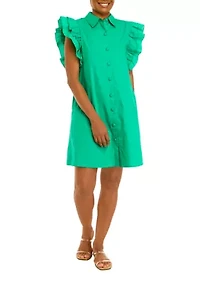 Women's Ruffle Sleeve Poplin Shirt Dress