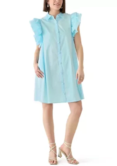 Women's Ruffle Sleeve Poplin Shirt Dress