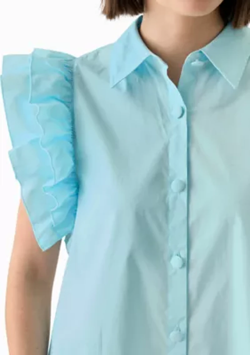 Women's Ruffle Sleeve Poplin Shirt Dress
