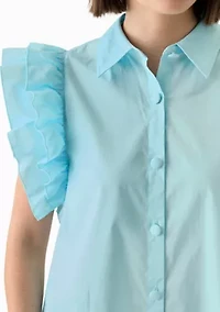 Women's Ruffle Sleeve Poplin Shirt Dress