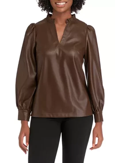 Petite 3/4 Sleeve Leather Top