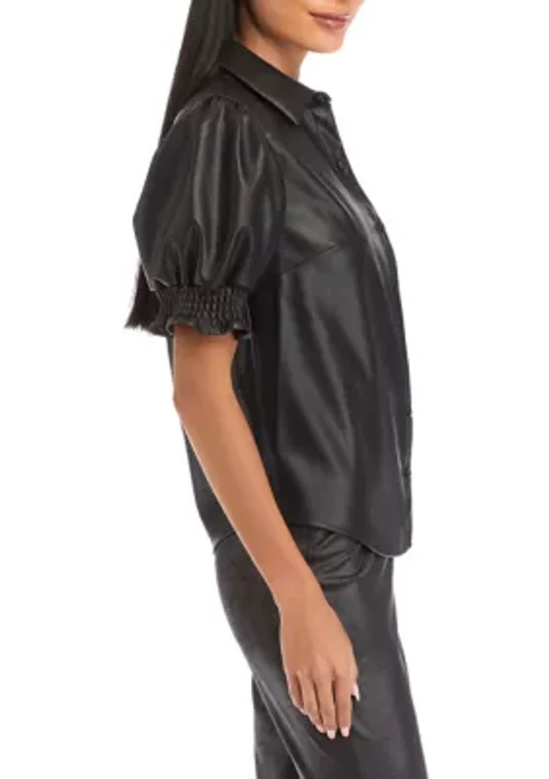 Petite Puff Sleeve Vegan Leather Top