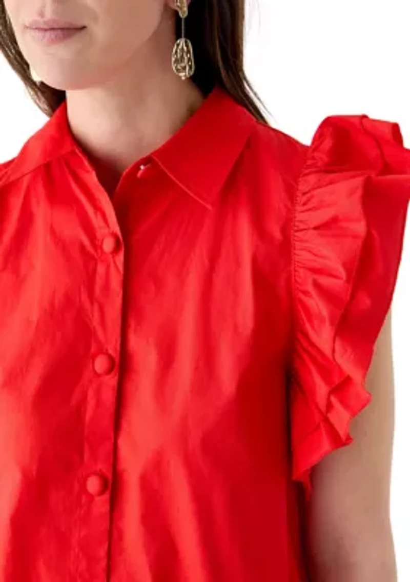 Petite Ruffle Sleeve Poplin Shirt Dress
