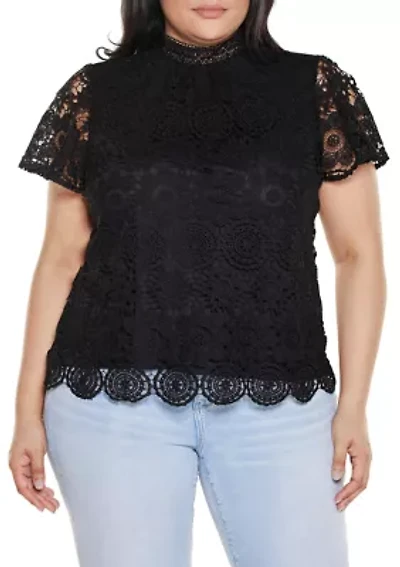 Plus Lace-Front Mock-Neck Top