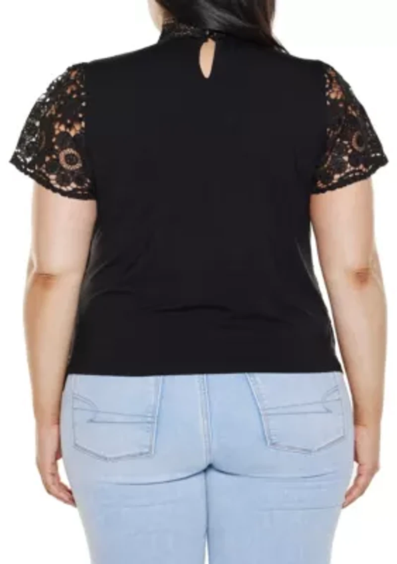 Plus Lace-Front Mock-Neck Top