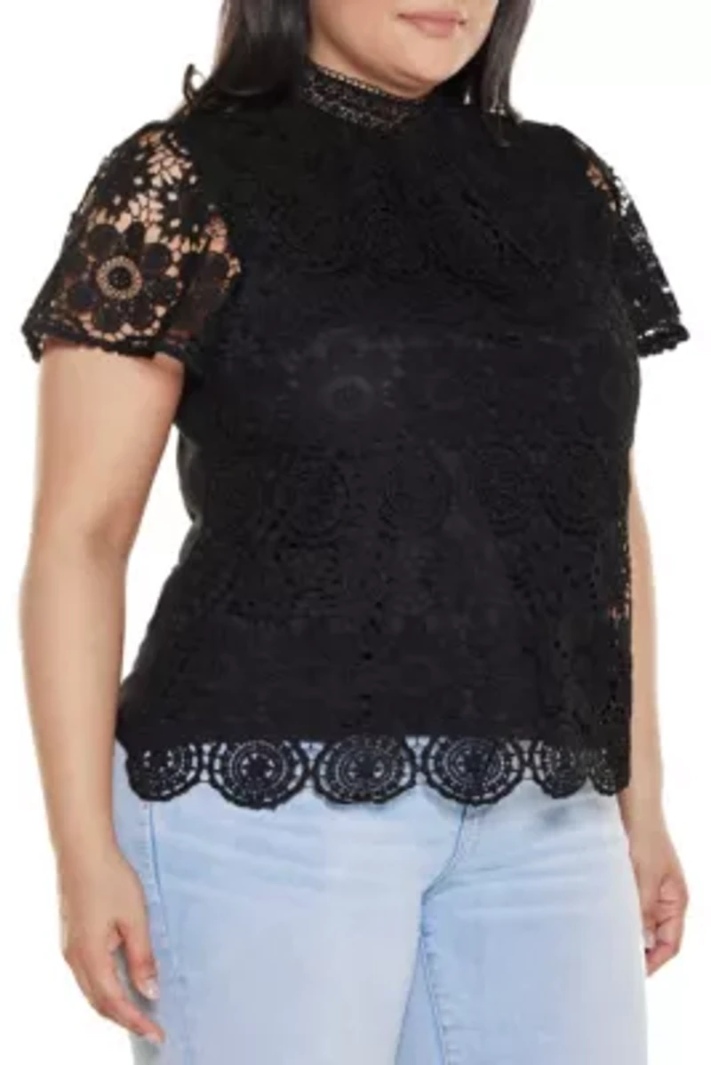 Plus Lace-Front Mock-Neck Top
