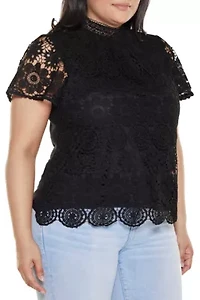 Plus Lace-Front Mock-Neck Top