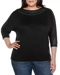 Plus Embellished Knit Top with Mesh Inset