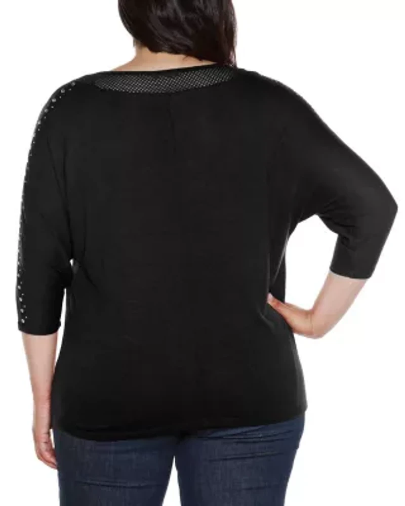 Plus Embellished Knit Top with Mesh Inset