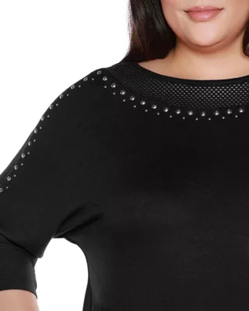 Plus Embellished Knit Top with Mesh Inset