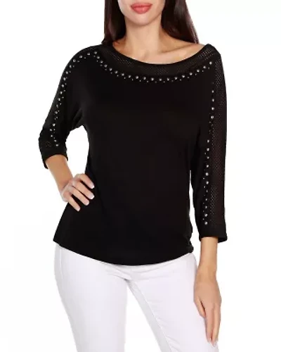 Embellished Knit Top with Mesh Inset