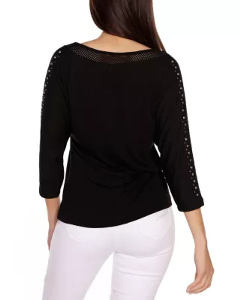 Embellished Knit Top with Mesh Inset