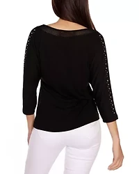 Embellished Knit Top with Mesh Inset