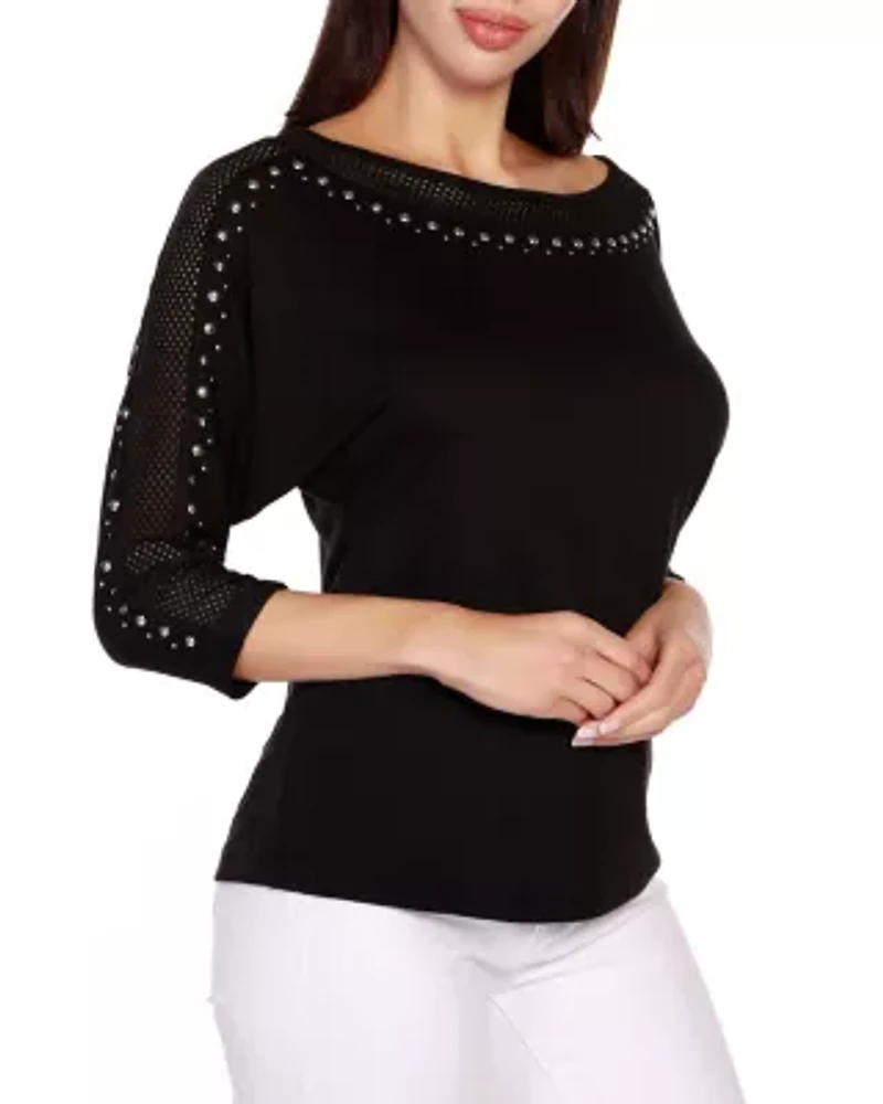 Embellished Knit Top with Mesh Inset