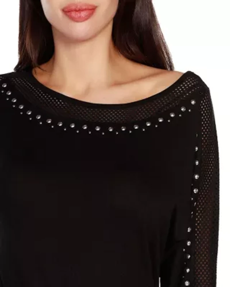 Embellished Knit Top with Mesh Inset