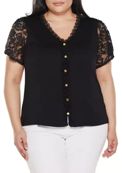 Plus Crochet Lace Sleeve V-Neck Top