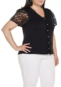 Plus Crochet Lace Sleeve V-Neck Top