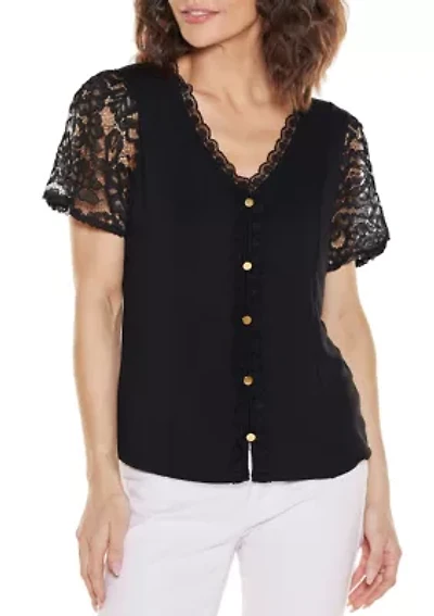 Crochet Lace Sleeve V-Neck Top