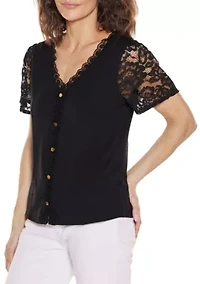 Crochet Lace Sleeve V-Neck Top