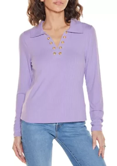 Grommet-Trim Split-V Knit Top