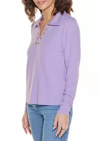 Grommet-Trim Split-V Knit Top