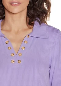 Grommet-Trim Split-V Knit Top