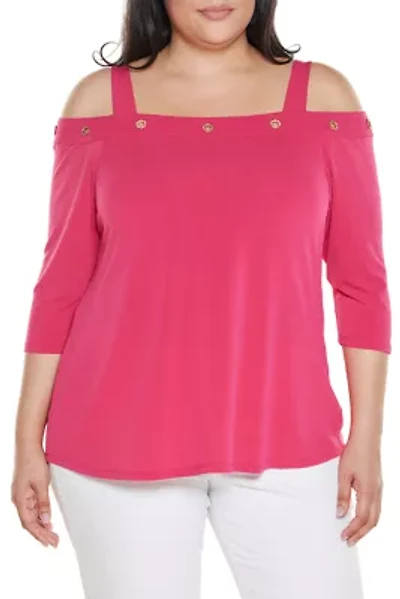 Plus Grommet-Trim Cold Shoulder Top