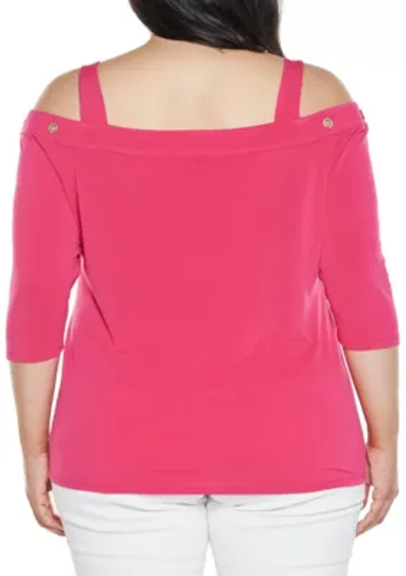 Plus Grommet-Trim Cold Shoulder Top
