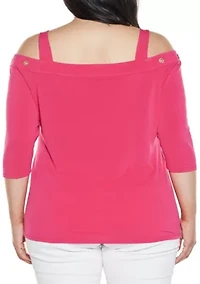 Plus Grommet-Trim Cold Shoulder Top
