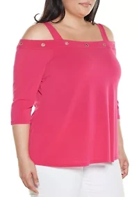 Plus Grommet-Trim Cold Shoulder Top