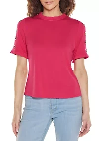 Ruffle-Trim Grommet Knit Top
