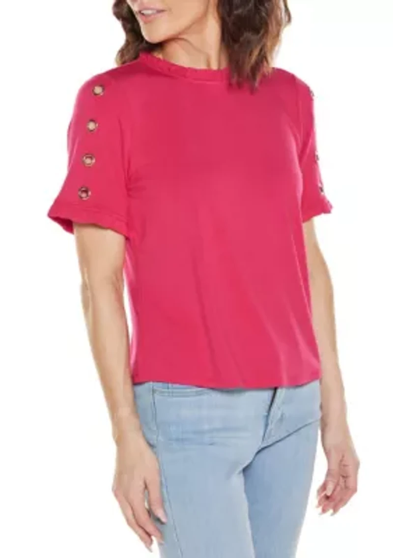 Ruffle-Trim Grommet Knit Top