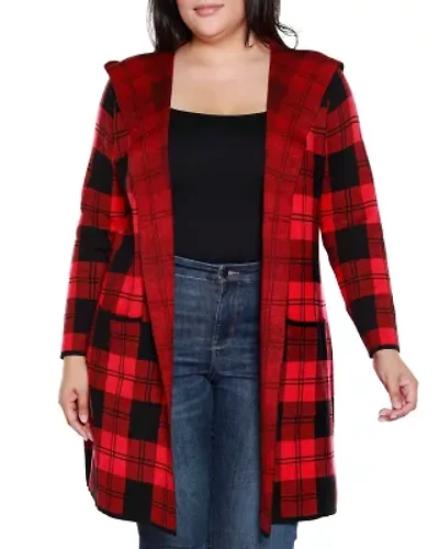 Plus Hooded Checkered Plaid Coatigan Sweater