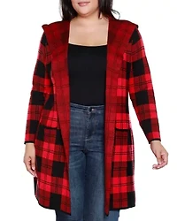 Plus Hooded Checkered Plaid Coatigan Sweater