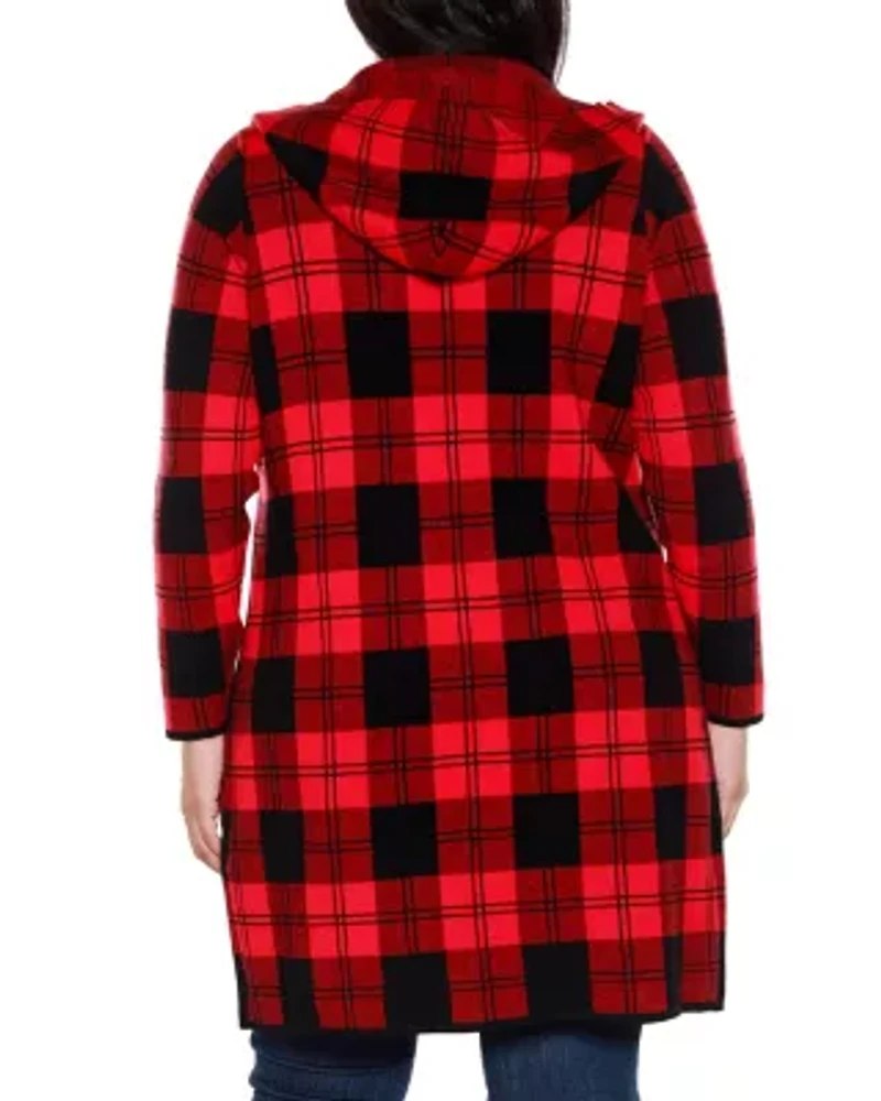Plus Hooded Checkered Plaid Coatigan Sweater