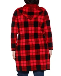 Plus Hooded Checkered Plaid Coatigan Sweater