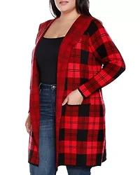 Plus Hooded Checkered Plaid Coatigan Sweater