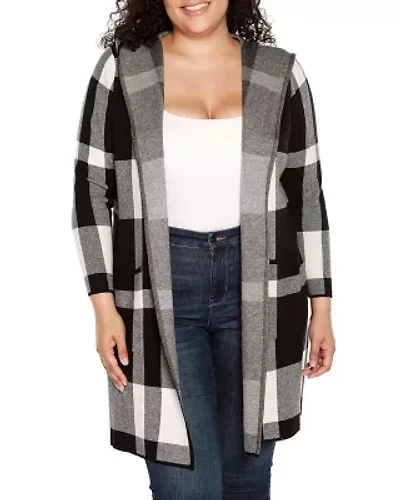 Plus Hooded Plaid Coatigan Sweater