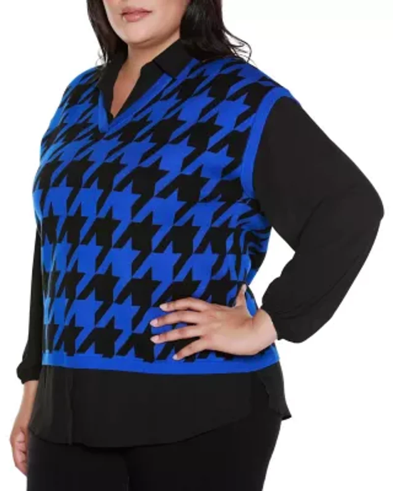 Plus Houndstooth Twofer Sweater