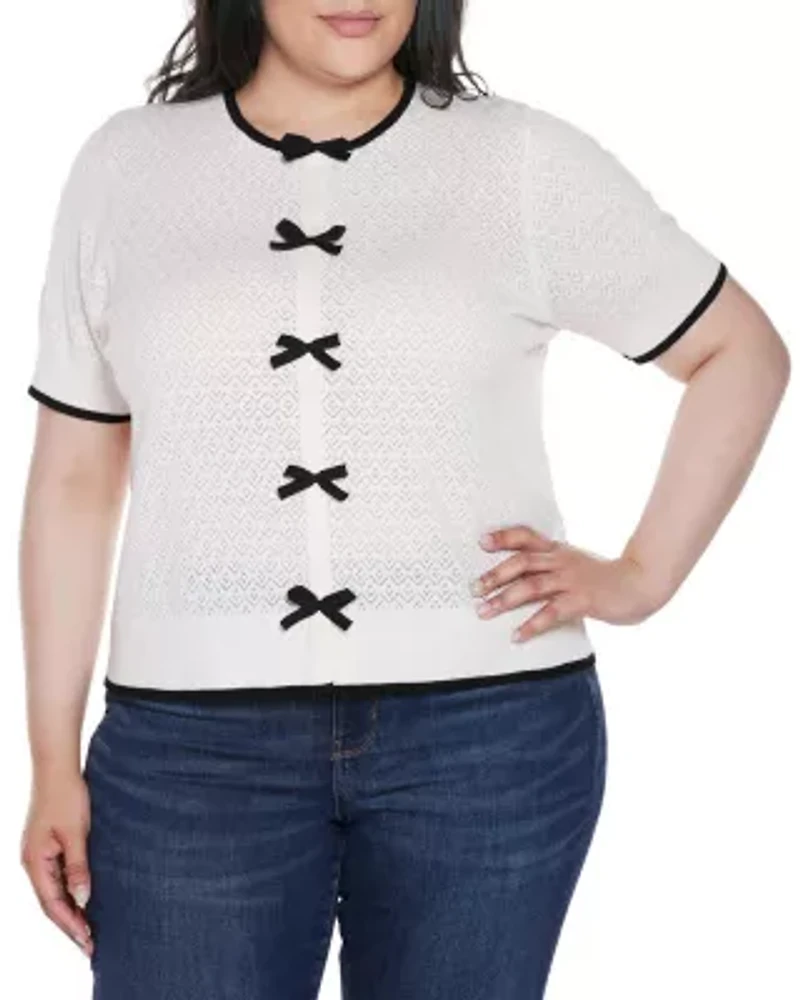 Plus Bow Detail Pointelle Short Sleeve Sweater