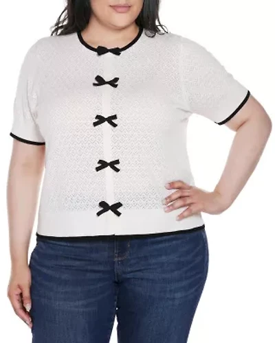 Plus Bow Detail Pointelle Short Sleeve Sweater