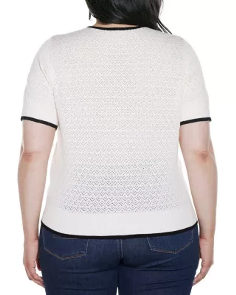 Plus Bow Detail Pointelle Short Sleeve Sweater