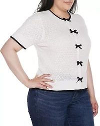 Plus Bow Detail Pointelle Short Sleeve Sweater