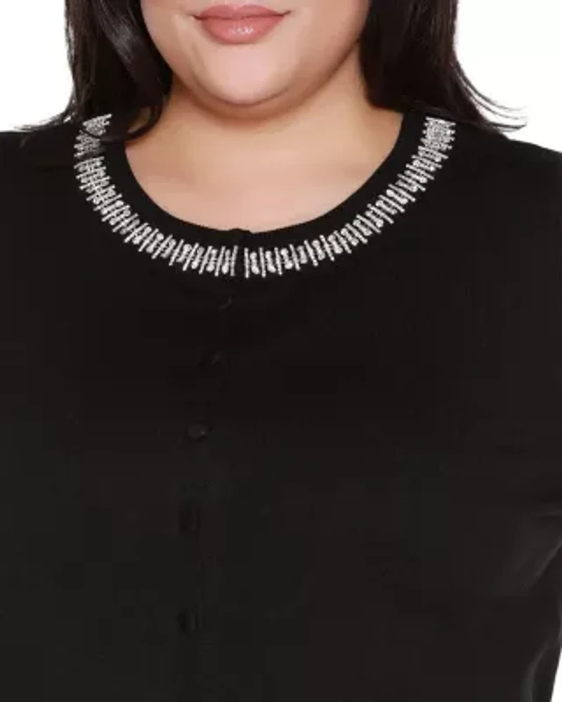 Plus Embellished Neckline Cardigan Sweater