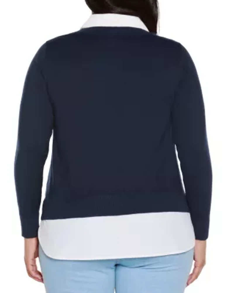 Plus Rhinestone-Neckline Twofer Sweater