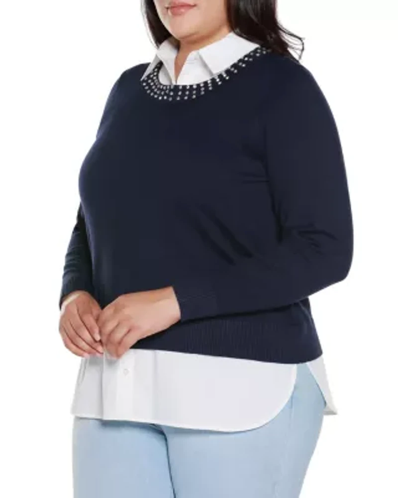 Plus Rhinestone-Neckline Twofer Sweater