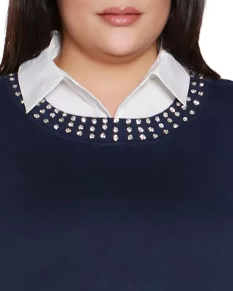 Plus Rhinestone-Neckline Twofer Sweater